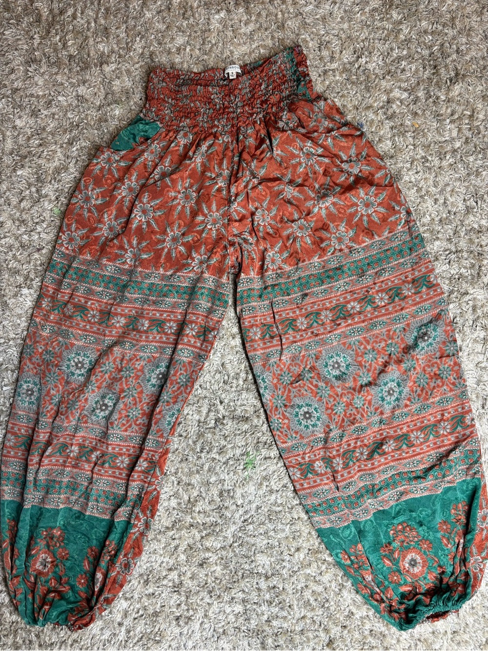Boho Floral Smocked Waist harem Pants - Green & Rust